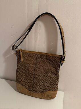 Coach signature tan and suede shoulder bag
